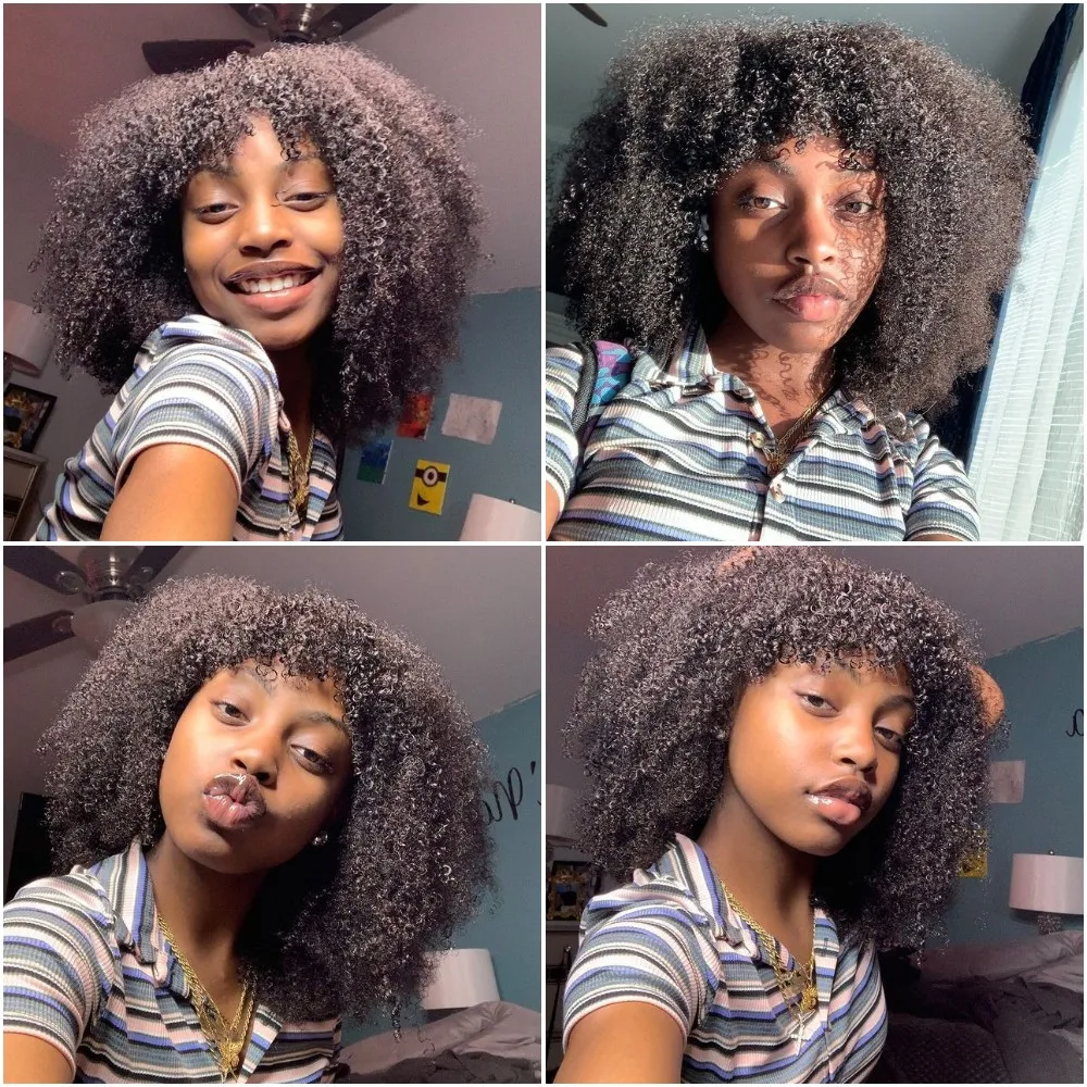 4B Fluffy Afro Kinky Curly Human Hair Wigs With Bangs Natural Put On And Go Ready To Wear Human Hair Wigs Without Glue And Gel