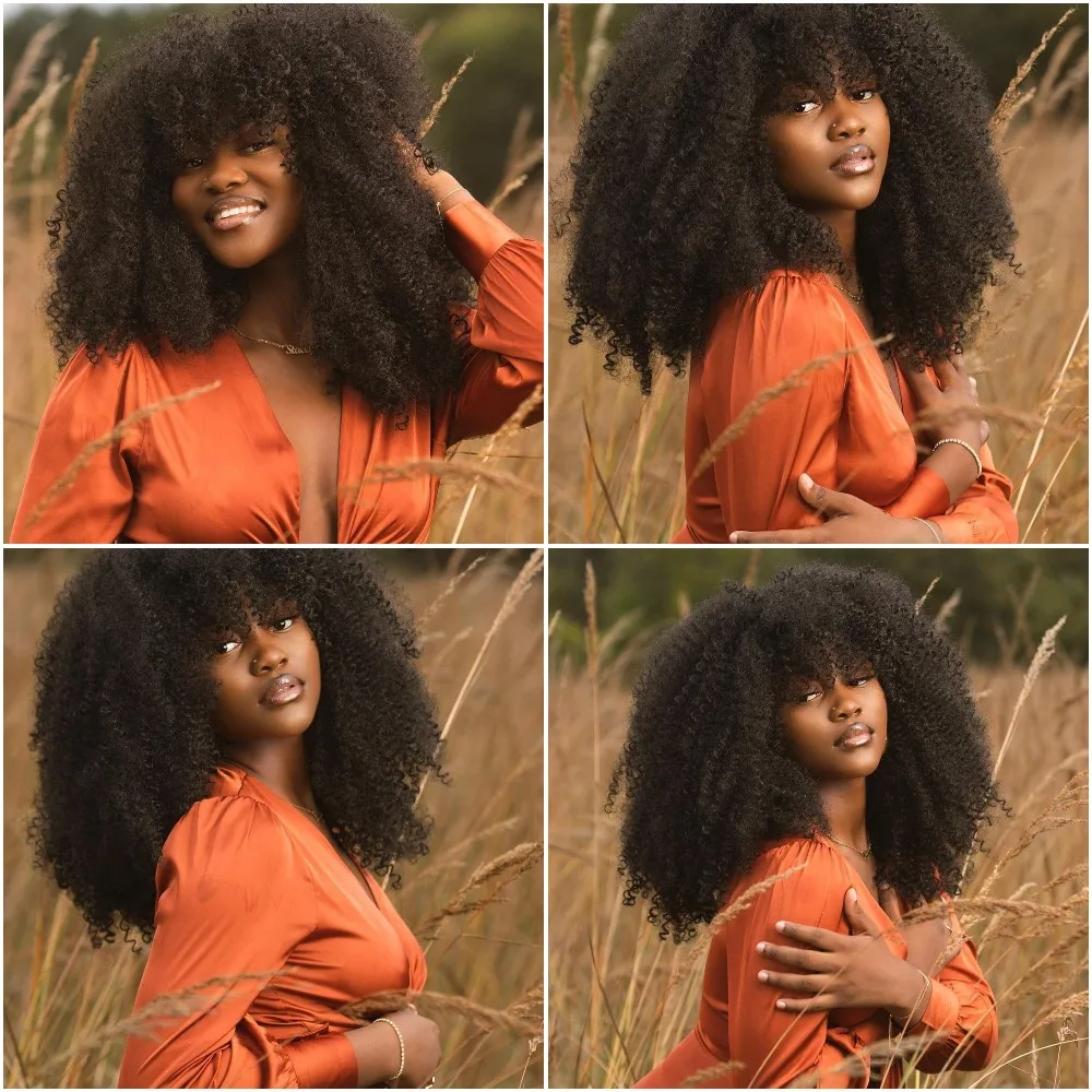 4B Fluffy Afro Kinky Curly Human Hair Wigs With Bangs Natural Put On And Go Ready To Wear Human Hair Wigs Without Glue And Gel