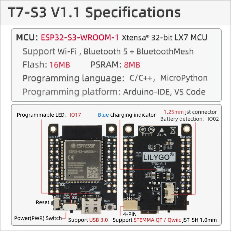 LILYGO® T7 S3 ESP32-S3 Development Board WIFI Bluetooth 5.0 32-bit LX7 Dual-core ESP32-S3-WROOM-1 Module 8MB PSRAM 16MB Flash