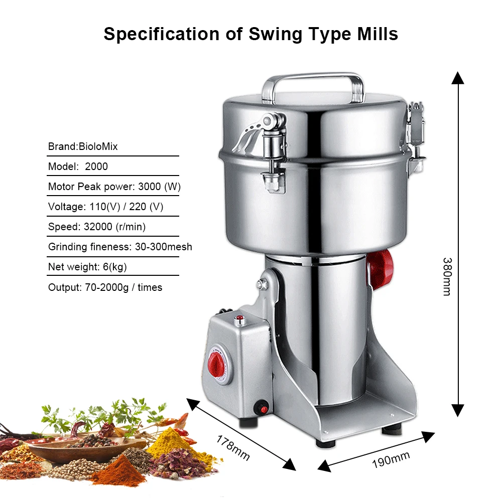 2000g Grains Spices Hebals Cereals Coffee Dry Food Grinder Miller Grinding Machine gristmill home medicine flour powder crusher
