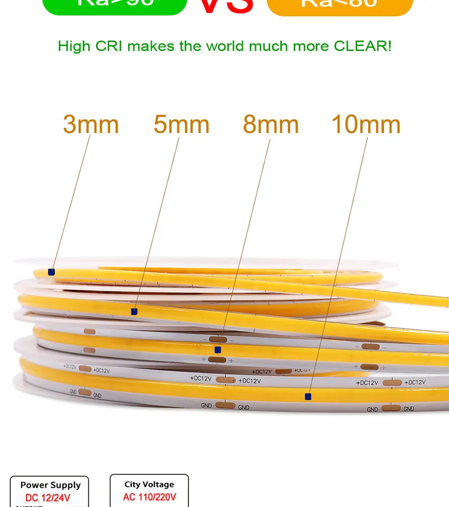 24V 12V 5m 10m COB LED Strip Light 5/8/10mm High Density Flexible LED Ribbon 3000K 4000K 6000K Dimmable LED Tape For Home Decor