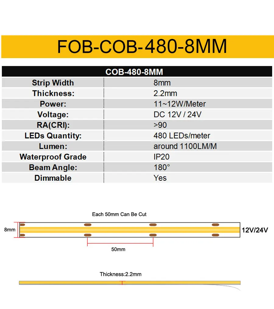 24V 12V 5m 10m COB LED Strip Light 5/8/10mm High Density Flexible LED Ribbon 3000K 4000K 6000K Dimmable LED Tape For Home Decor