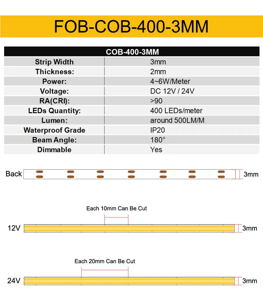 24V 12V 5m 10m COB LED Strip Light 5/8/10mm High Density Flexible LED Ribbon 3000K 4000K 6000K Dimmable LED Tape For Home Decor
