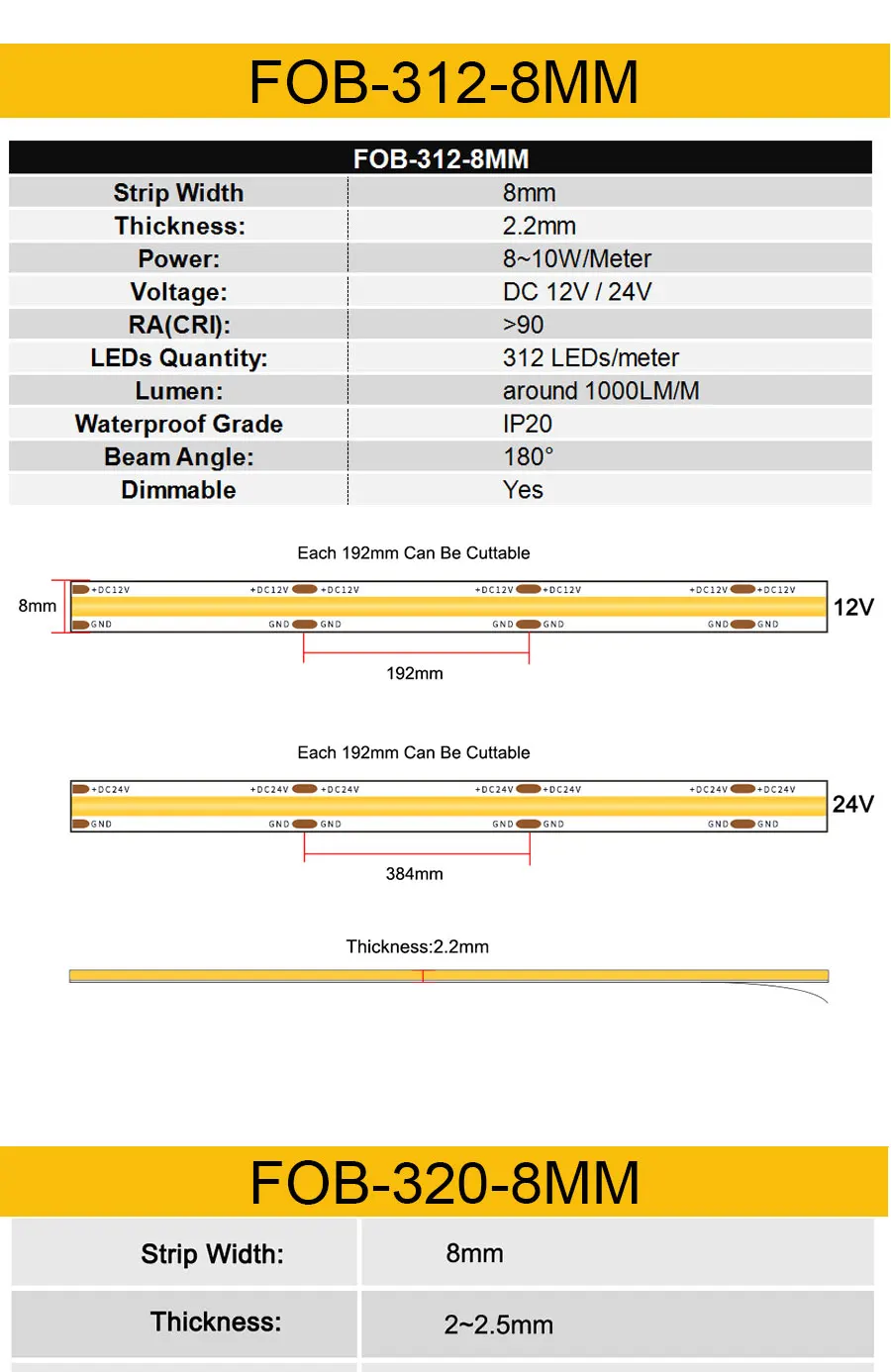 24V 12V 5m 10m COB LED Strip Light 5/8/10mm High Density Flexible LED Ribbon 3000K 4000K 6000K Dimmable LED Tape For Home Decor