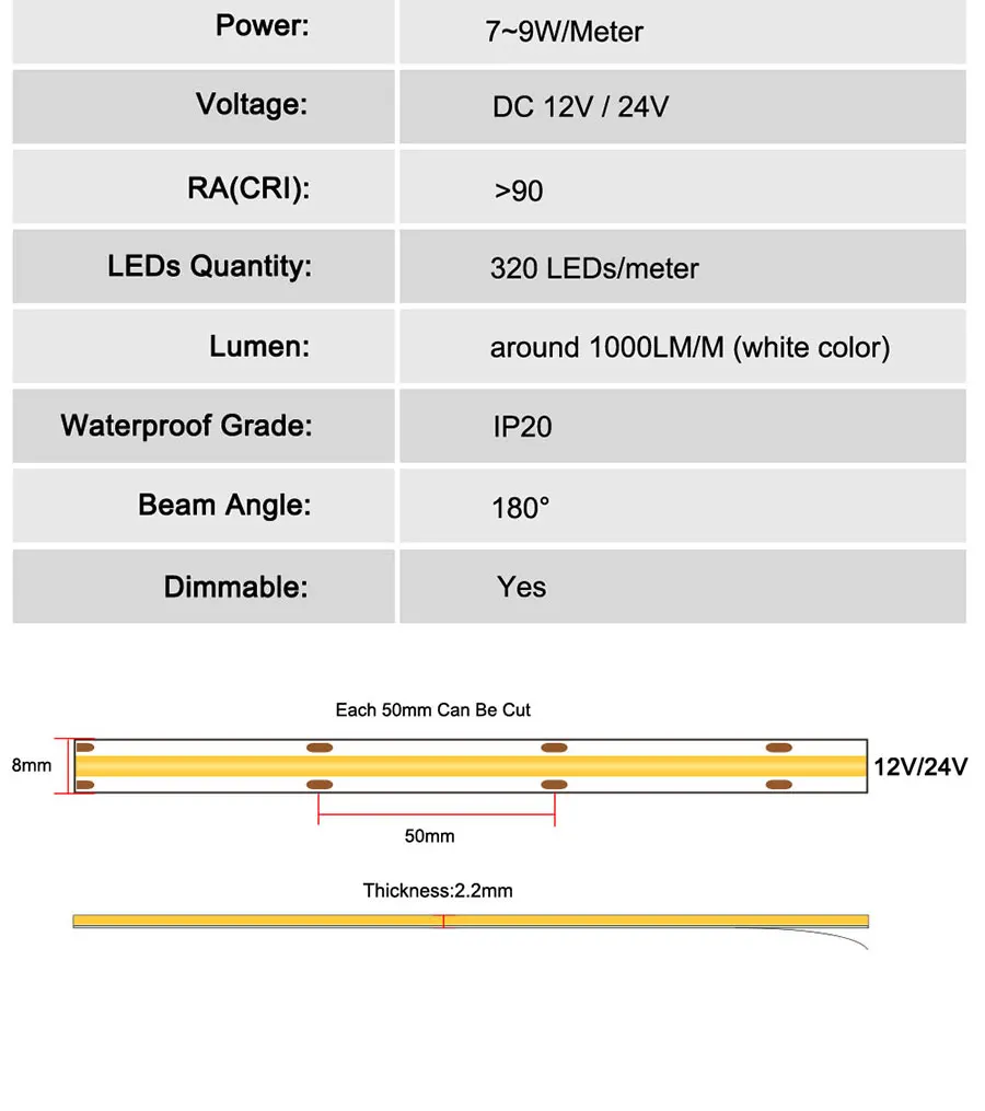 24V 12V 5m 10m COB LED Strip Light 5/8/10mm High Density Flexible LED Ribbon 3000K 4000K 6000K Dimmable LED Tape For Home Decor