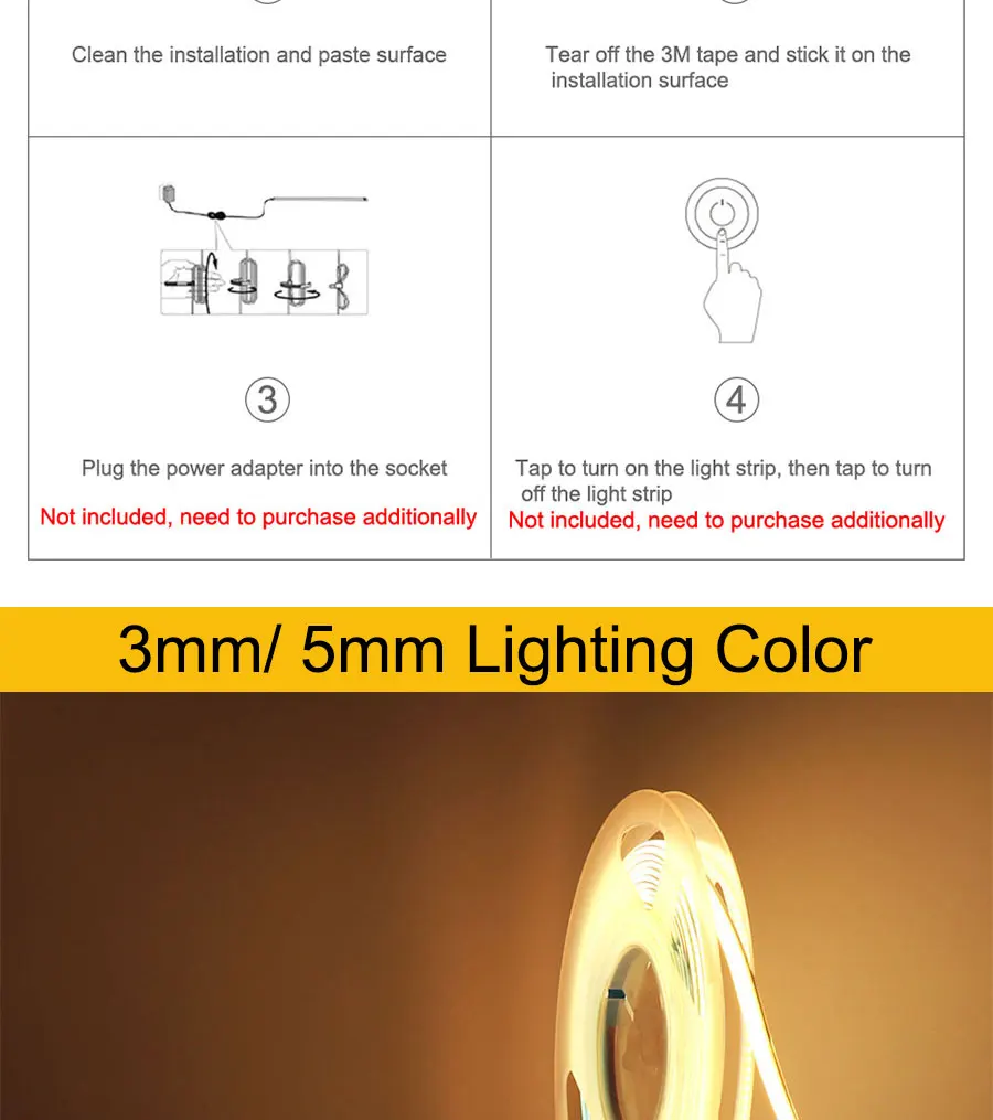 24V 12V 5m 10m COB LED Strip Light 5/8/10mm High Density Flexible LED Ribbon 3000K 4000K 6000K Dimmable LED Tape For Home Decor