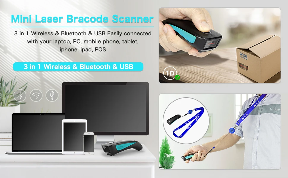 NETUM C750 Barcode Scanner Wireless Bluetooth Pocket USB 1D 2D for Inventory Barcode Reader for Tablet IOS Android-Fast Shipping