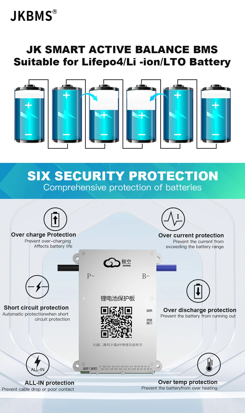 JKBMS SMART BMS 24V 36V 48V 60V 80A BMS 600MA Balance Li-Ion LTO 18650 Battery Lifepo4 Battery 8S 9S 10S 11S 12S 13S 14S 16S 17S