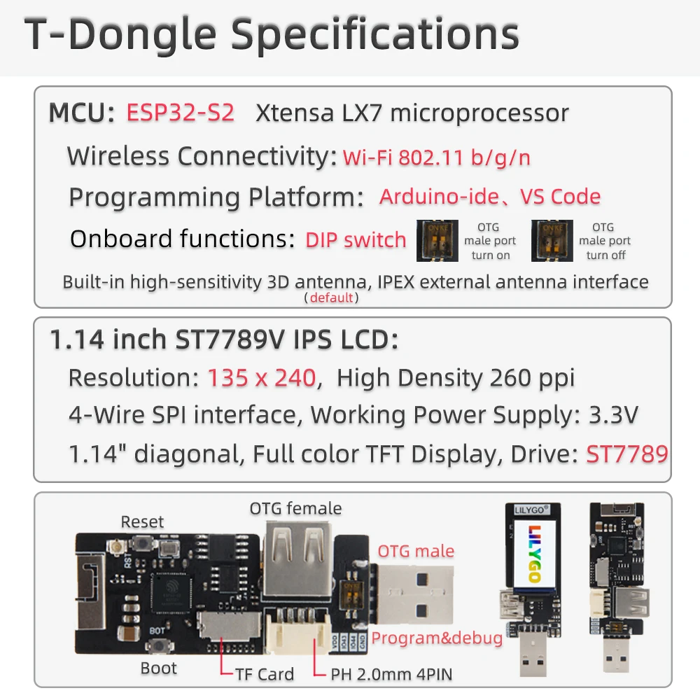 LILYGO® T-Dongle ESP32-S2 Development Board Wireless WIFI Module OTG Male Female Interface 1.14 inch LCD Display Support TF Card