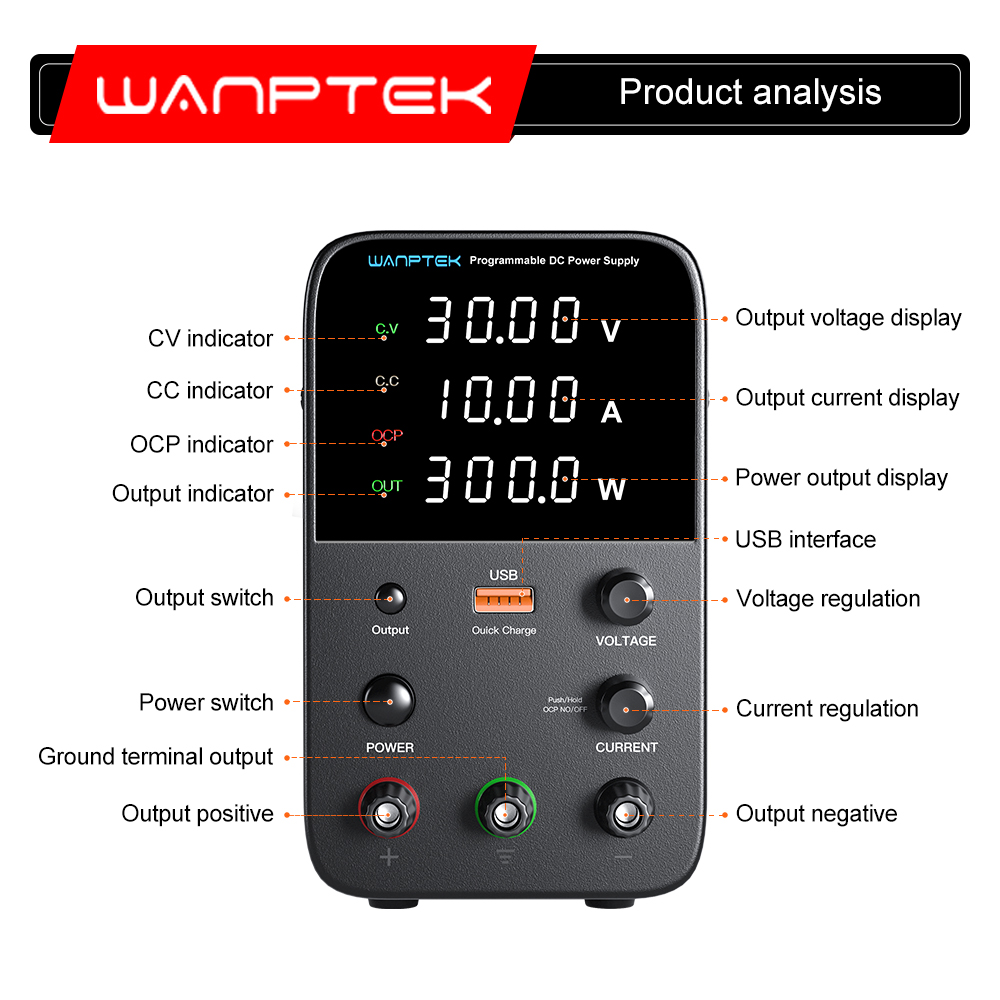 Wanptek Adjustable DC Power Supply 60V 5A Lab Bench Power Source Stabilized Power Supply Voltage Regulator Switch 120V 30V 10A
