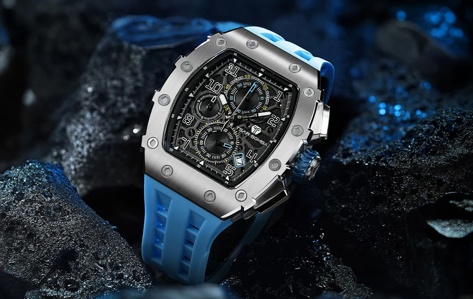 TSAR BOMBA Watch for Men Luxury Brand Tonneau Design Waterproof Clock Stainless Steel Wristwatch Fashion Rectangle Mens Watch