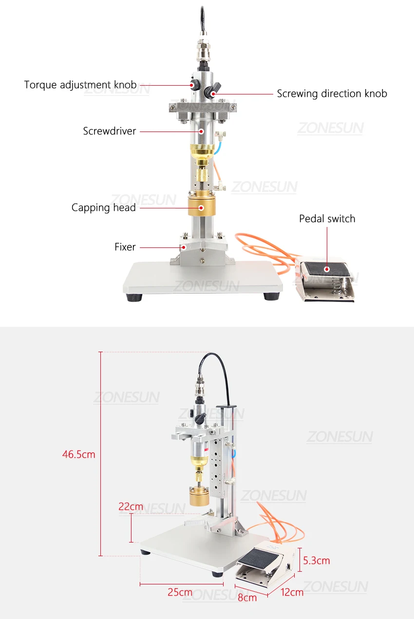ZONESUN ZS-XGPZ1 Pneumatic Semi-Automatic Bottle Capping Machine Screw Capper with Foot Pedal for Round Glass Plastic Bottles