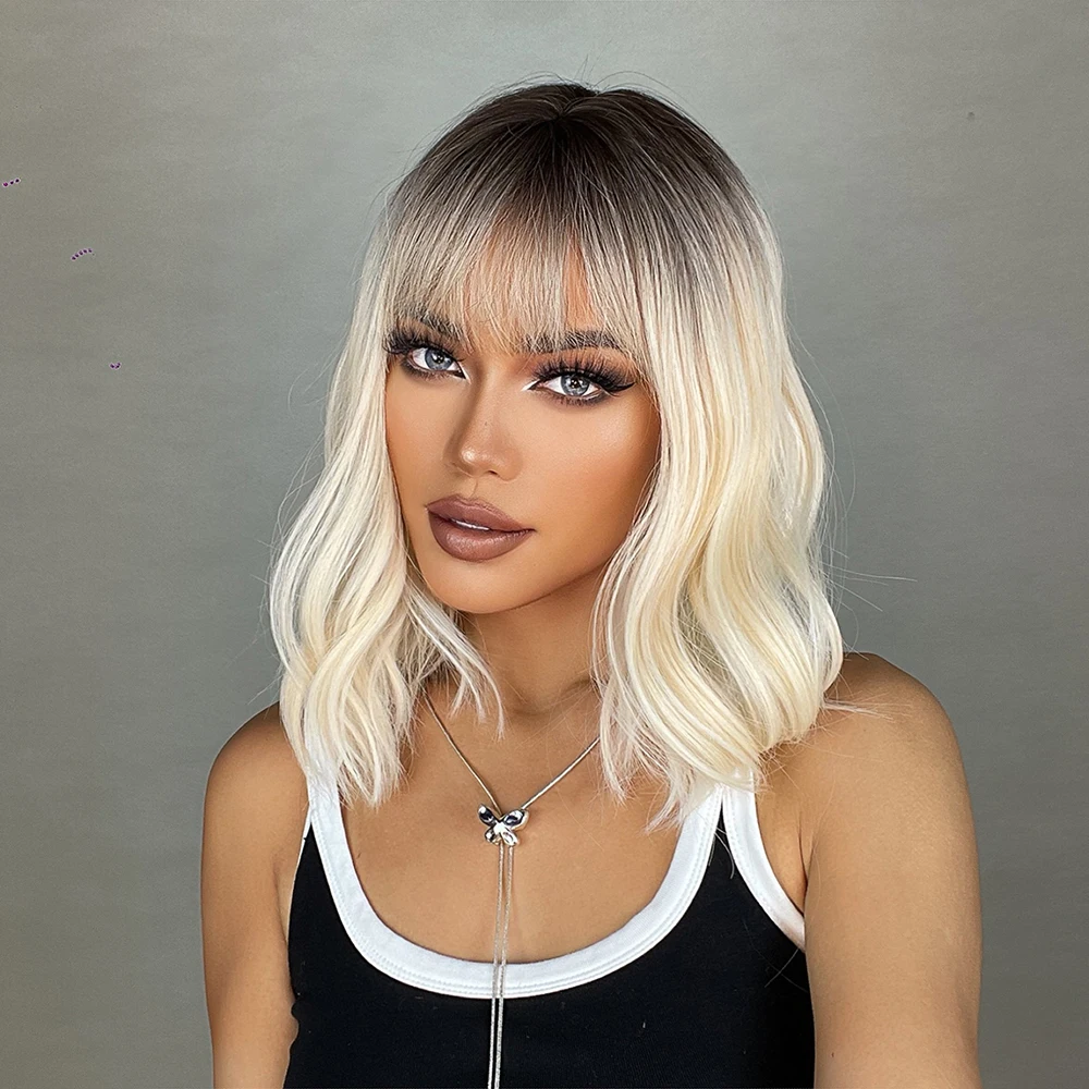 Short Wavy Bob Synthetic Wigs Brown to Blonde Ombre Hair Wigs for Women with Bangs Cosplay Lolita Natural Wig Heat Resistant