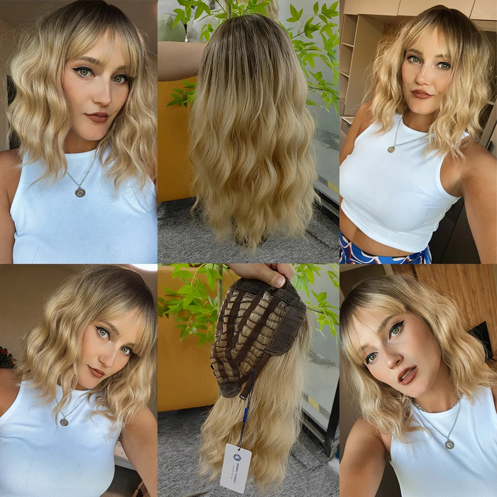 Short Wavy Bob Synthetic Wigs Brown to Blonde Ombre Hair Wigs for Women with Bangs Cosplay Lolita Natural Wig Heat Resistant