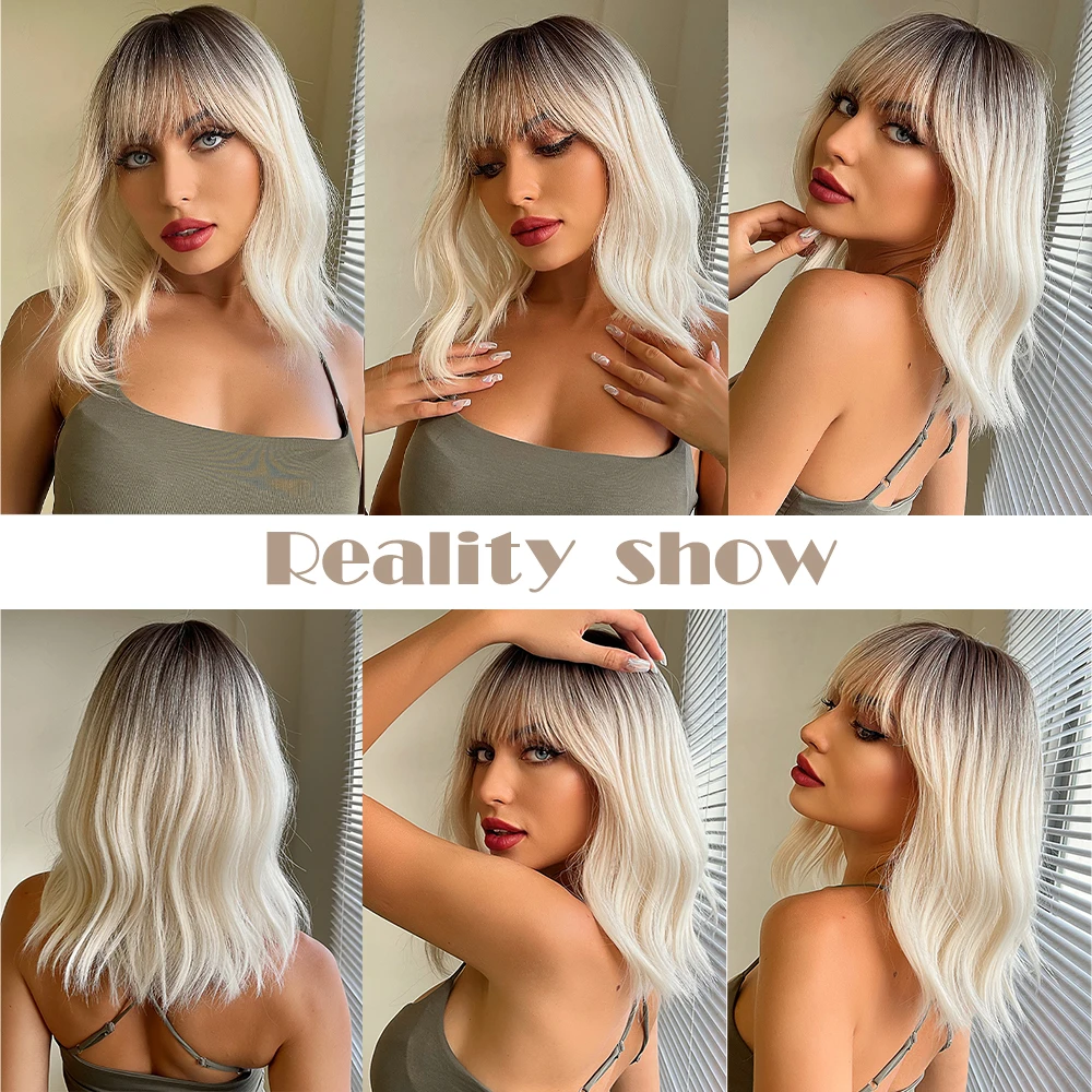 Short Wavy Bob Synthetic Wigs Brown to Blonde Ombre Hair Wigs for Women with Bangs Cosplay Lolita Natural Wig Heat Resistant