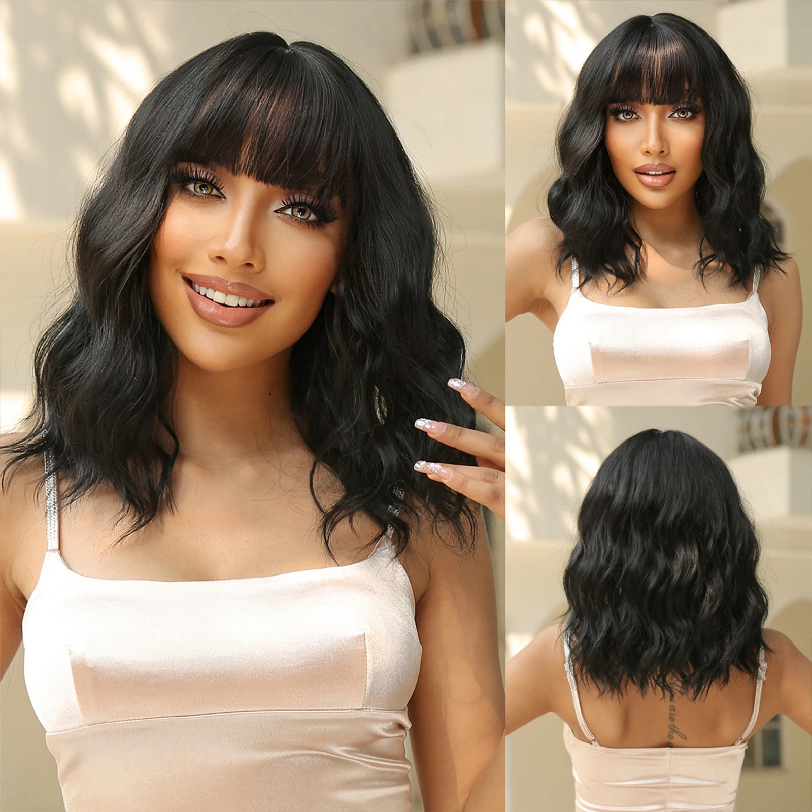 Short Wavy Bob Synthetic Wigs Brown to Blonde Ombre Hair Wigs for Women with Bangs Cosplay Lolita Natural Wig Heat Resistant
