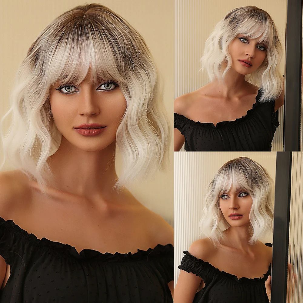 Short Wavy Bob Synthetic Wigs Brown to Blonde Ombre Hair Wigs for Women with Bangs Cosplay Lolita Natural Wig Heat Resistant
