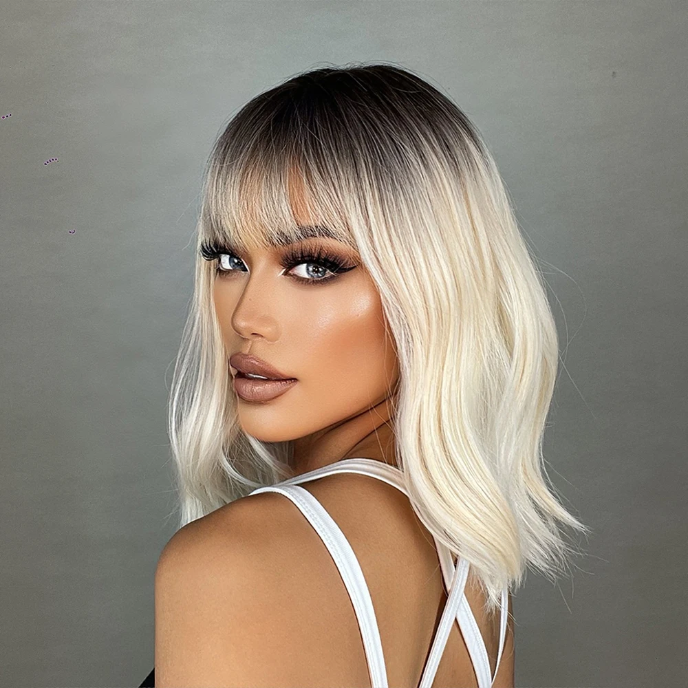 Short Wavy Bob Synthetic Wigs Brown to Blonde Ombre Hair Wigs for Women with Bangs Cosplay Lolita Natural Wig Heat Resistant