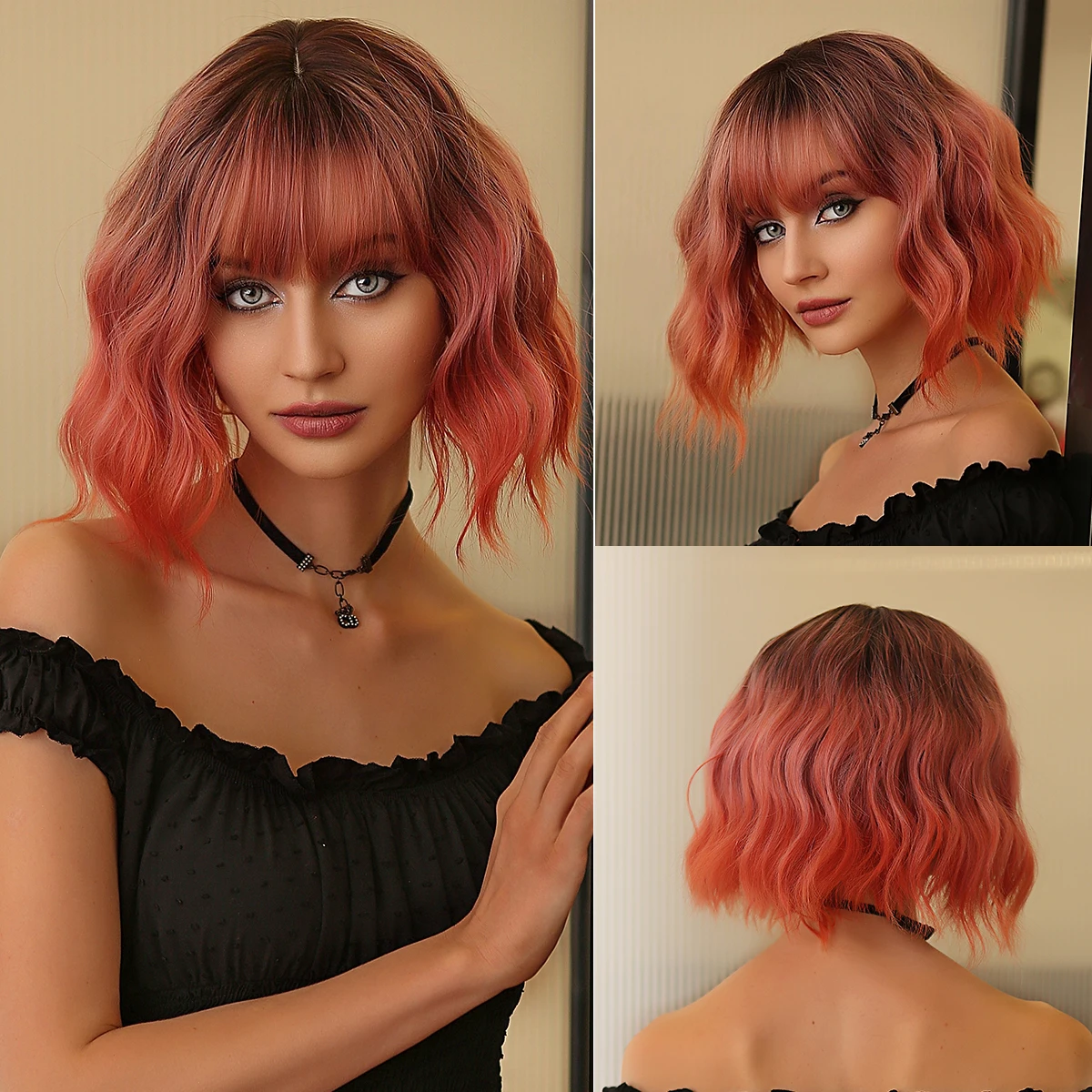 Short Wavy Bob Synthetic Wigs Brown to Blonde Ombre Hair Wigs for Women with Bangs Cosplay Lolita Natural Wig Heat Resistant