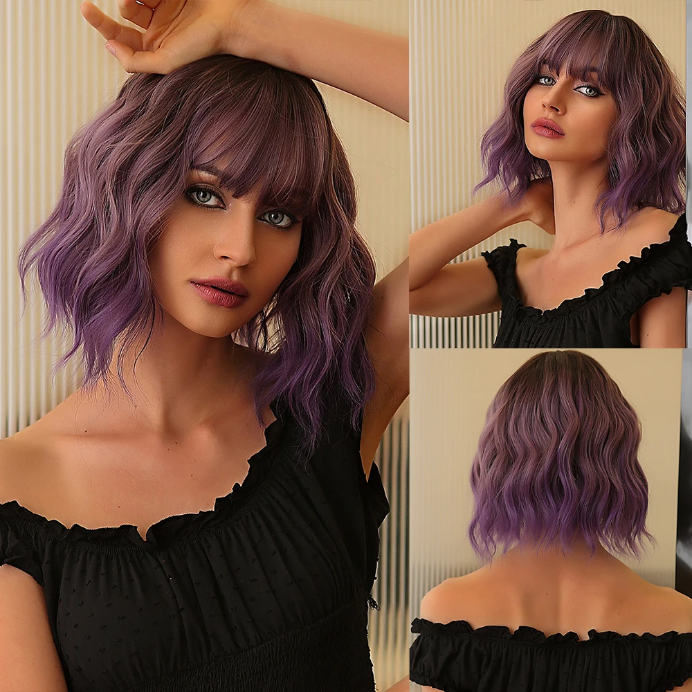 Short Wavy Bob Synthetic Wigs Brown to Blonde Ombre Hair Wigs for Women with Bangs Cosplay Lolita Natural Wig Heat Resistant