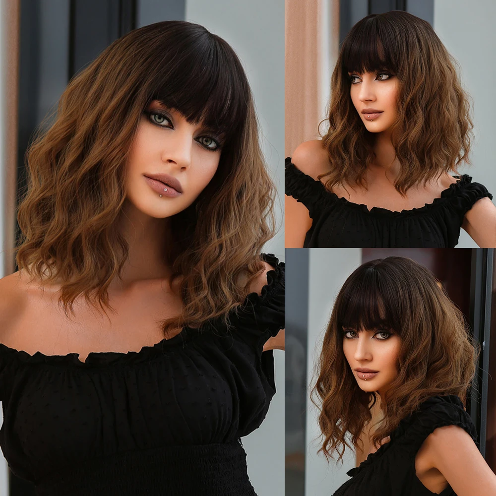 Short Wavy Bob Synthetic Wigs Brown to Blonde Ombre Hair Wigs for Women with Bangs Cosplay Lolita Natural Wig Heat Resistant