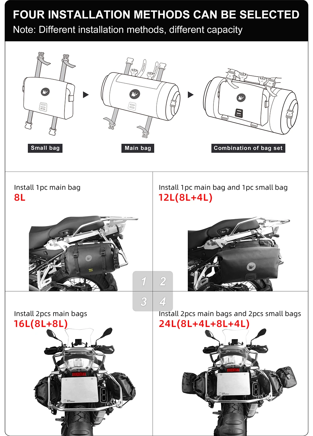 Rhinowalk Motorcycle Tail Bag 100% Waterproof 8L/12L/16L/24L Motor Side Pannier Bag Multifunctional Outdoor Luggage Trunk Saddle