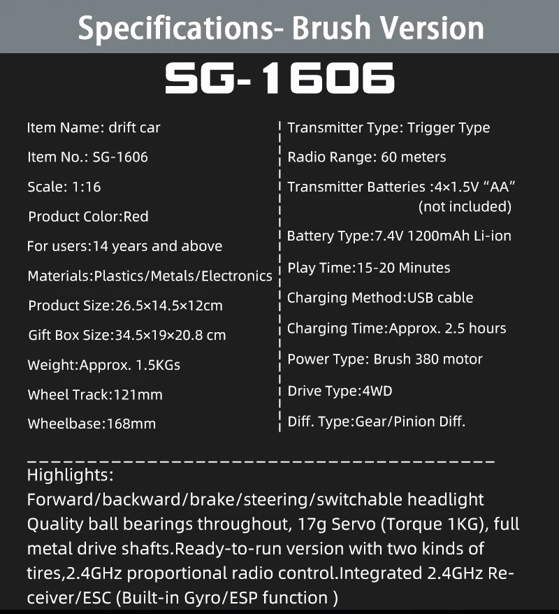 SG1607 SG1605 SG1606 UD1607 UD1608 Pro 1/16 RC Car High Speed 2.4G Brushless 4WD Drift Remote Control Racing Car toys For Boys
