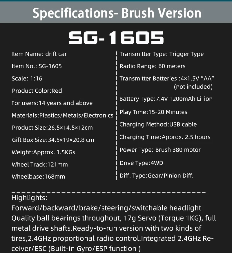 SG1607 SG1605 SG1606 UD1607 UD1608 Pro 1/16 RC Car High Speed 2.4G Brushless 4WD Drift Remote Control Racing Car toys For Boys