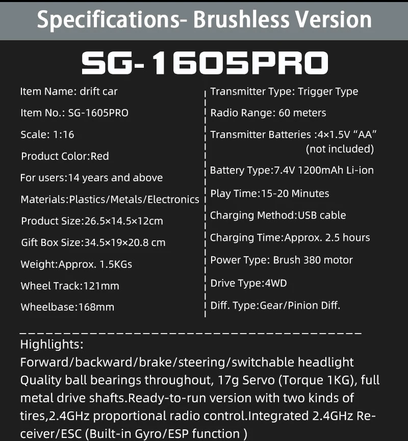 SG1607 SG1605 SG1606 UD1607 UD1608 Pro 1/16 RC Car High Speed 2.4G Brushless 4WD Drift Remote Control Racing Car toys For Boys