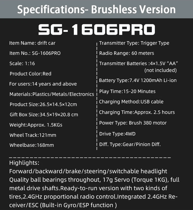 SG1607 SG1605 SG1606 UD1607 UD1608 Pro 1/16 RC Car High Speed 2.4G Brushless 4WD Drift Remote Control Racing Car toys For Boys