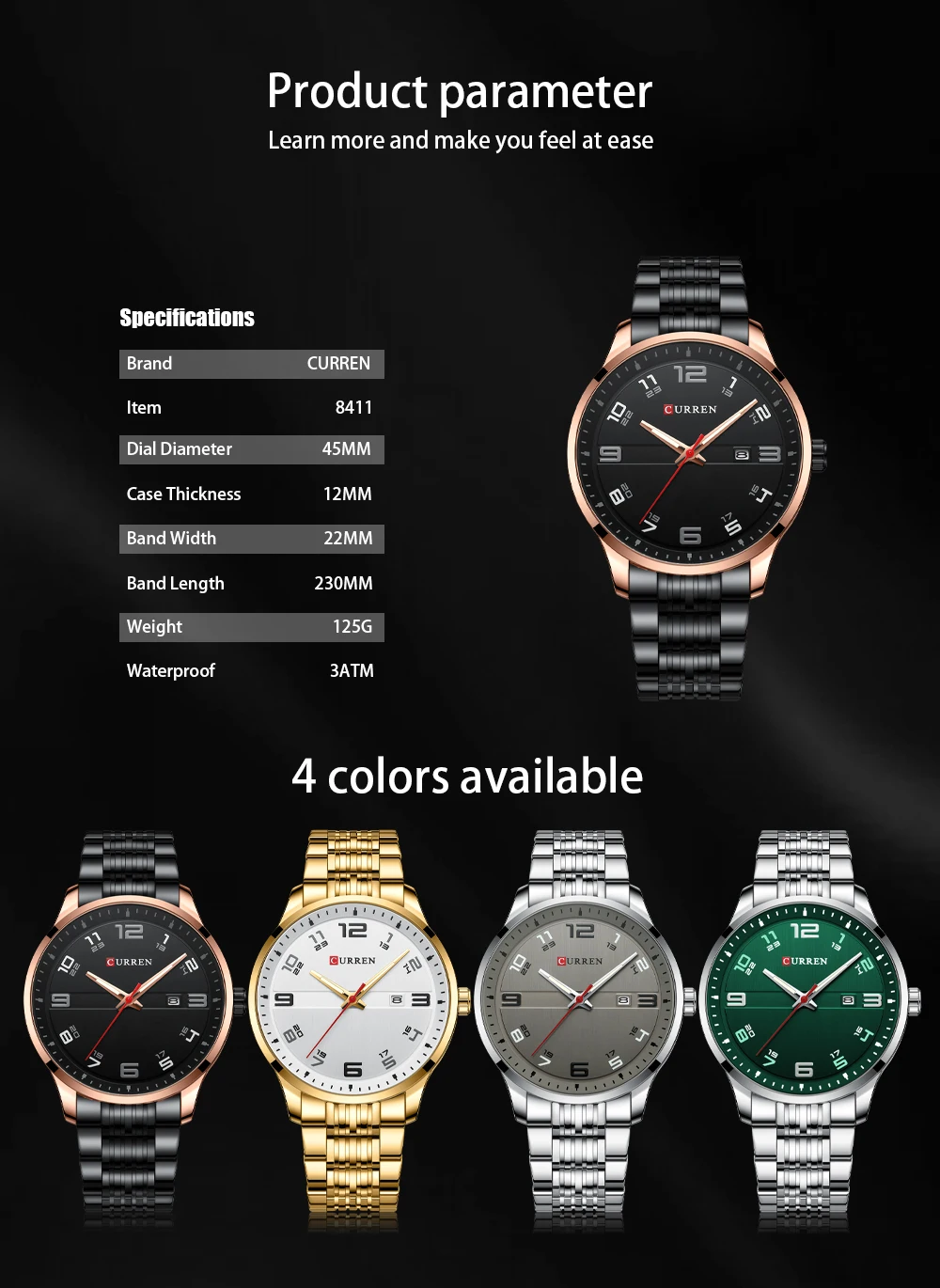 CURREN Business Men Luxury Watches Stainless Steel Quartz Wrsitwatches Male Auto Date Clock with Luminous Hands