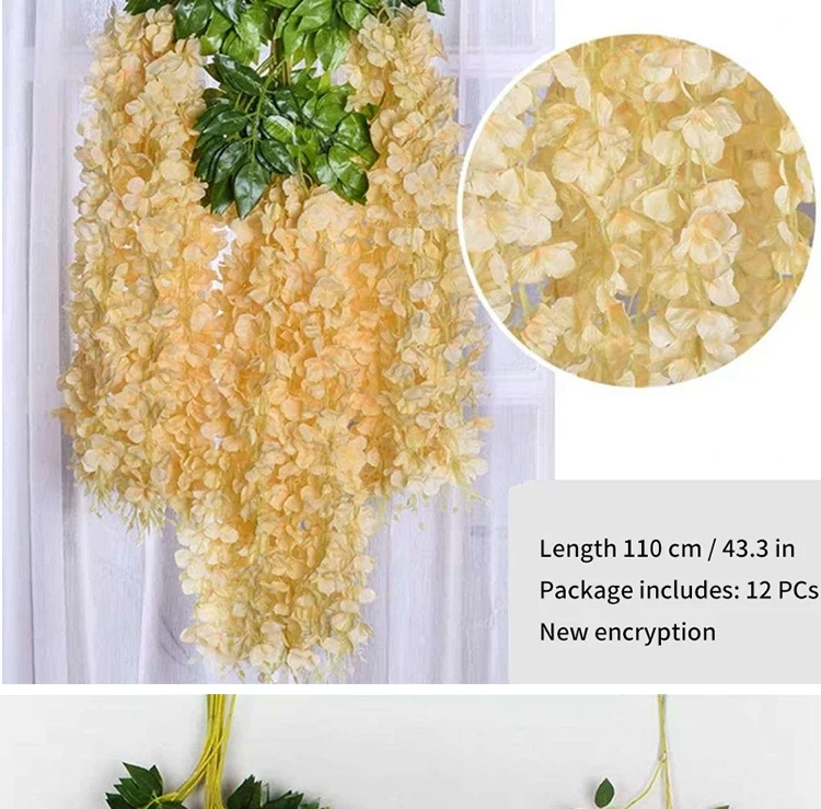 Artificial Wisteria Flower Rattan Wreath, Wedding Arch, Home Garden, Office Decoration, Pendant Plant, Wall Decoration, 12Pcs