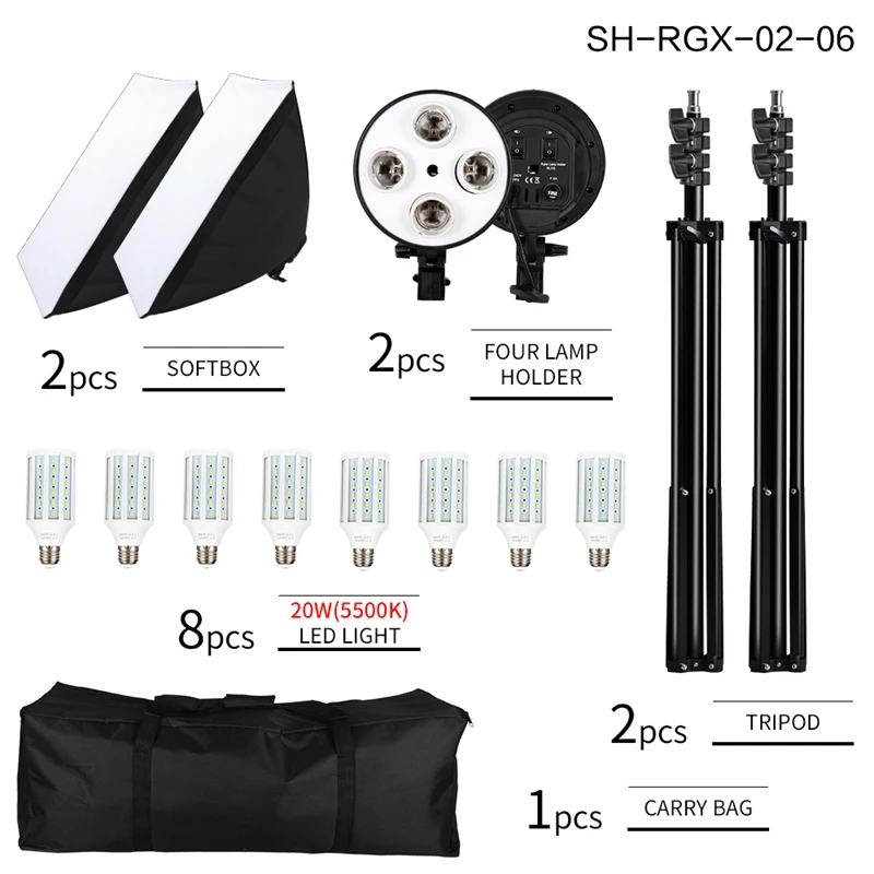 SH 50x70CM Four Lamp Softbox Kit Photographic Lighting With 8pcs Bulb Soft Box Photographic Lightings Camera Photo Accessories