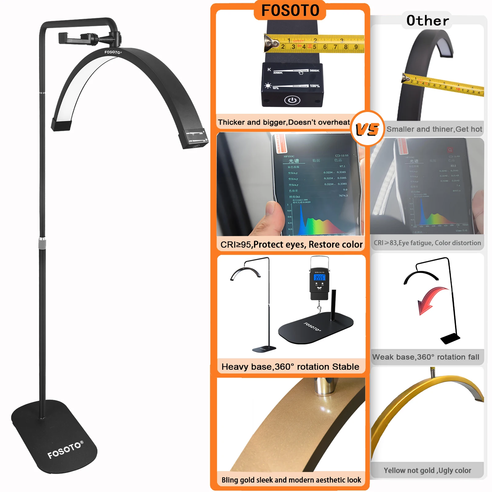 Fosoto FT-Y8II 28 Inch Led Lash Light Half-Moon Shaped Light Led Video Light With Floor Tripod For Tattoo Beauty Salon Eyelash