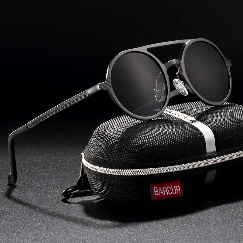 BARCUR Hot Black Goggle Male Round Sunglasses Luxury Brand Men Glasses Retro Vintage Women Sun Glasses UV400 Eyewear