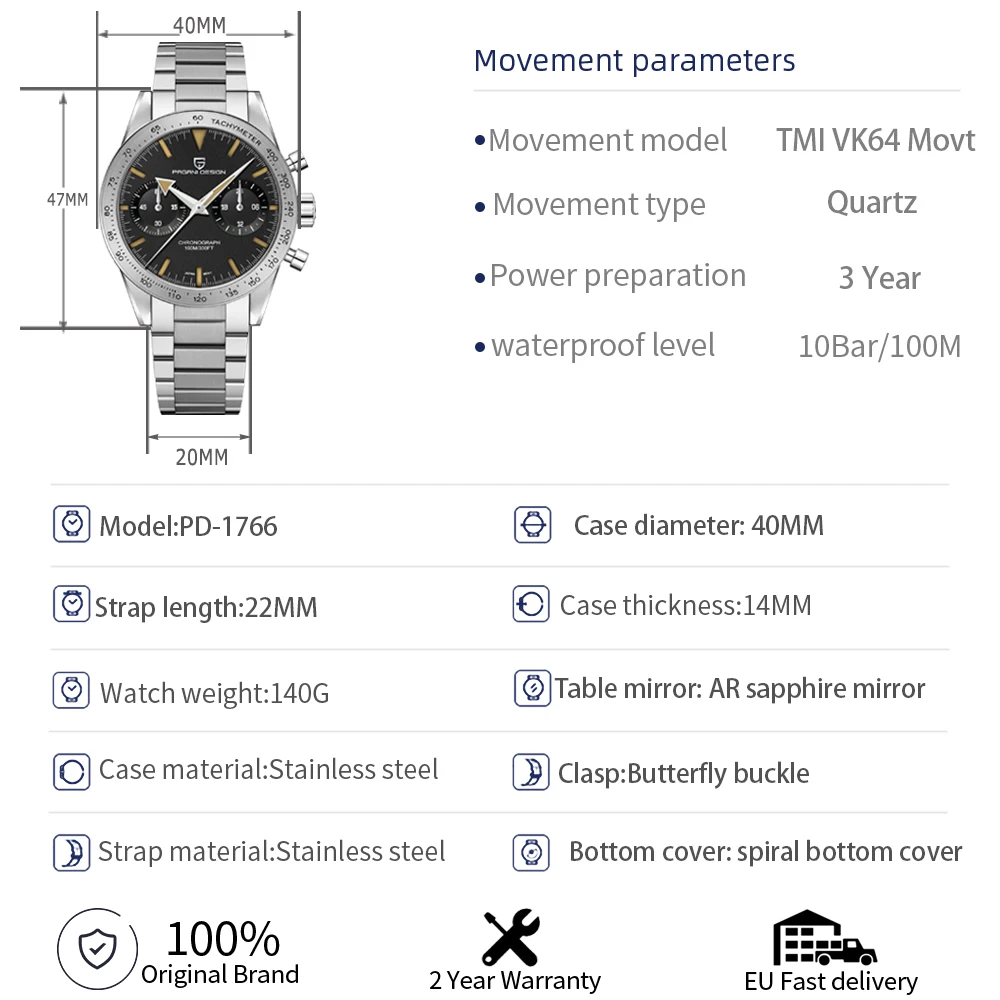 2026 New PAGANI DESIGN Retro Wide Arrow Watches Luxury Quartz Watch For Men Sport Speed Chronograph VK64 Movt AR Sapphire Glass