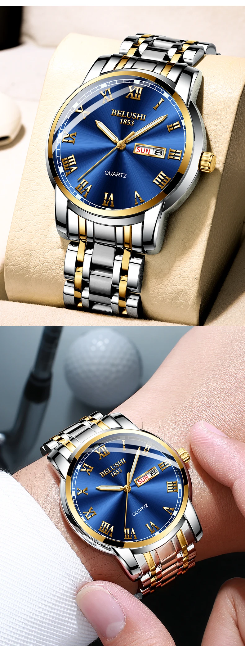 BELUSHI Top Brand Luxury Mens Watches Luminous Waterproof Stainless Steel Watch Quartz Men Date Calendar Business Wristwatch