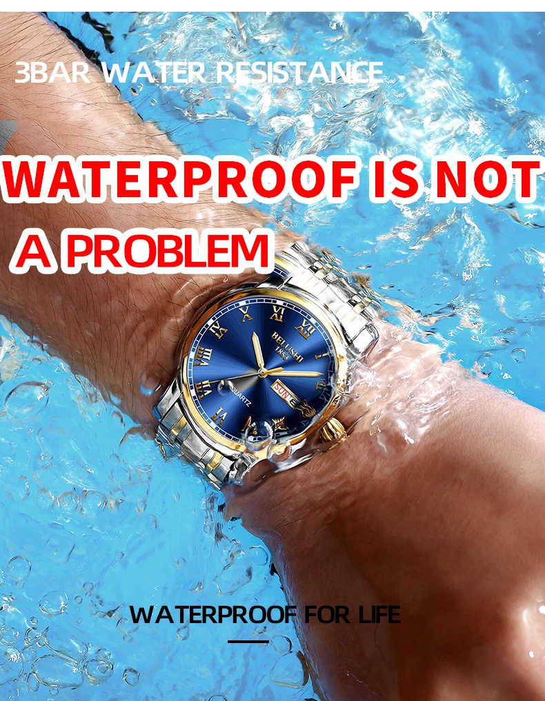 BELUSHI Top Brand Luxury Mens Watches Luminous Waterproof Stainless Steel Watch Quartz Men Date Calendar Business Wristwatch