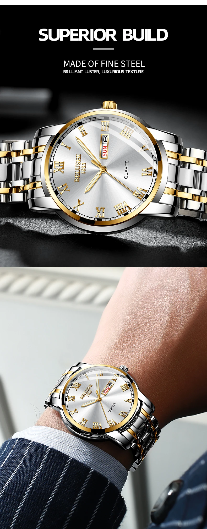 BELUSHI Top Brand Luxury Mens Watches Luminous Waterproof Stainless Steel Watch Quartz Men Date Calendar Business Wristwatch