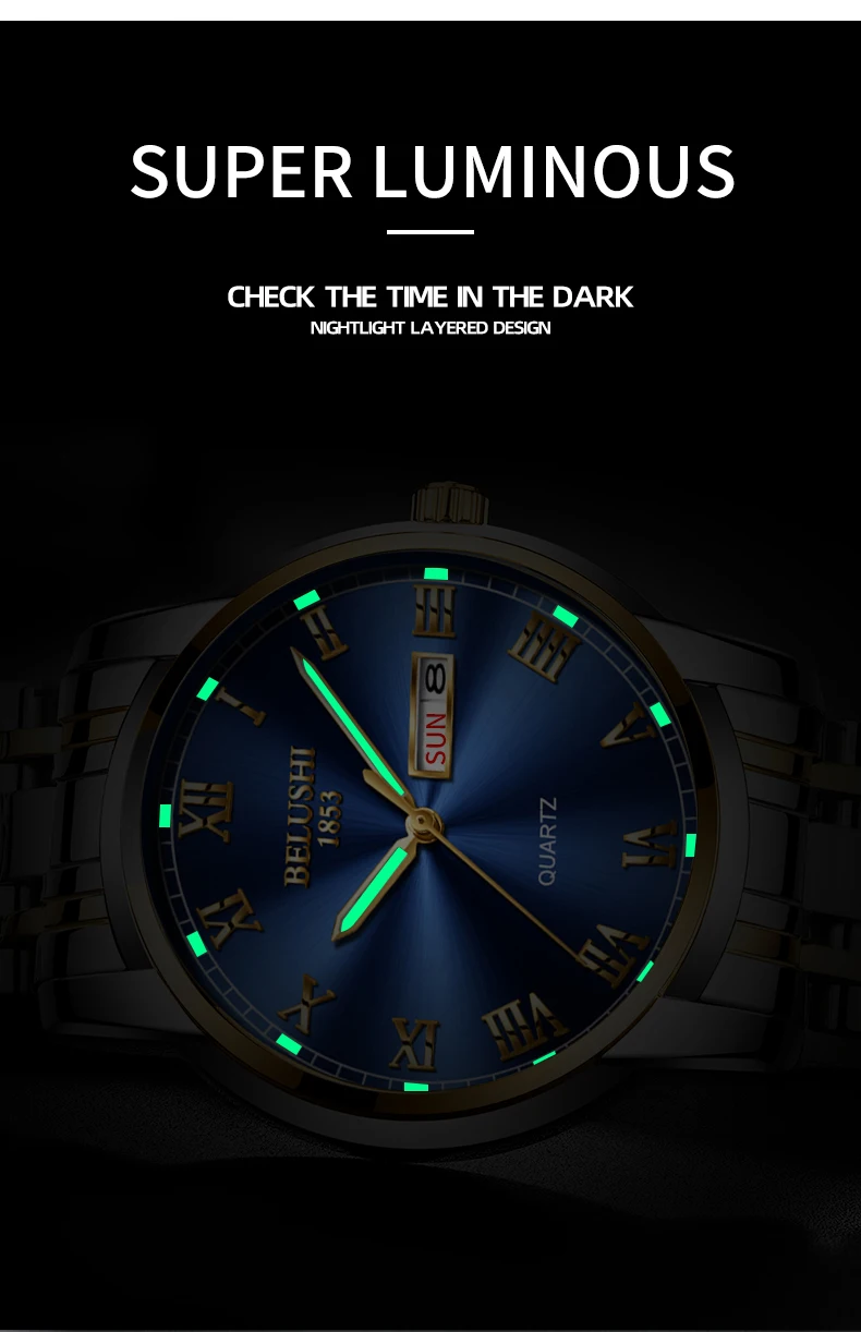 BELUSHI Top Brand Luxury Mens Watches Luminous Waterproof Stainless Steel Watch Quartz Men Date Calendar Business Wristwatch