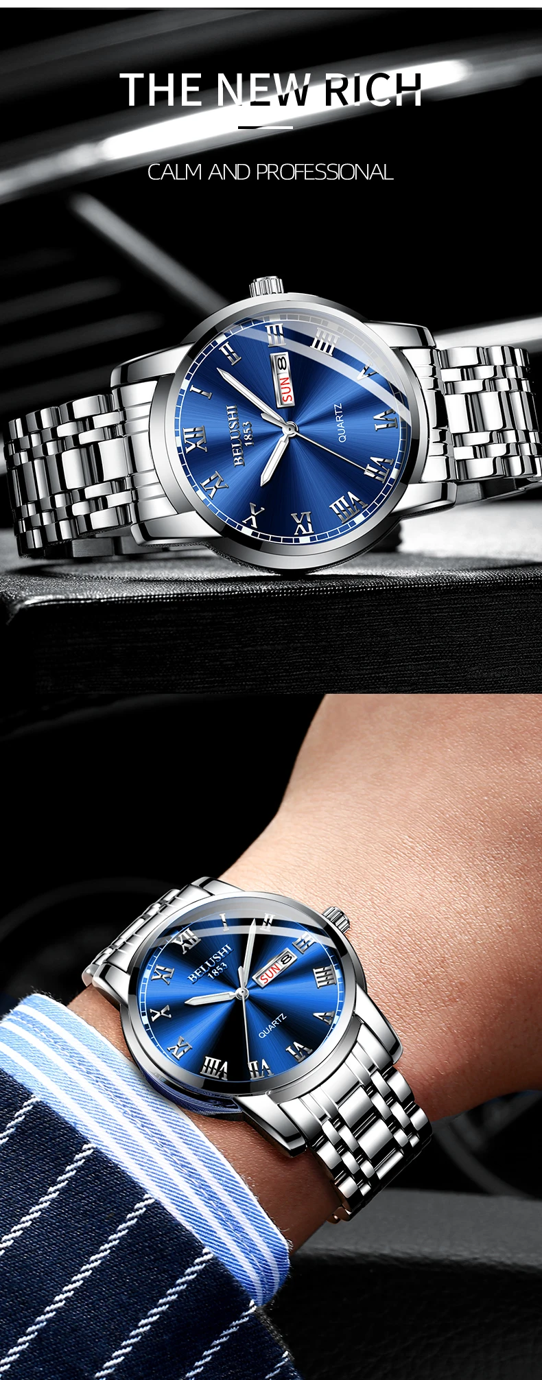 BELUSHI Top Brand Luxury Mens Watches Luminous Waterproof Stainless Steel Watch Quartz Men Date Calendar Business Wristwatch