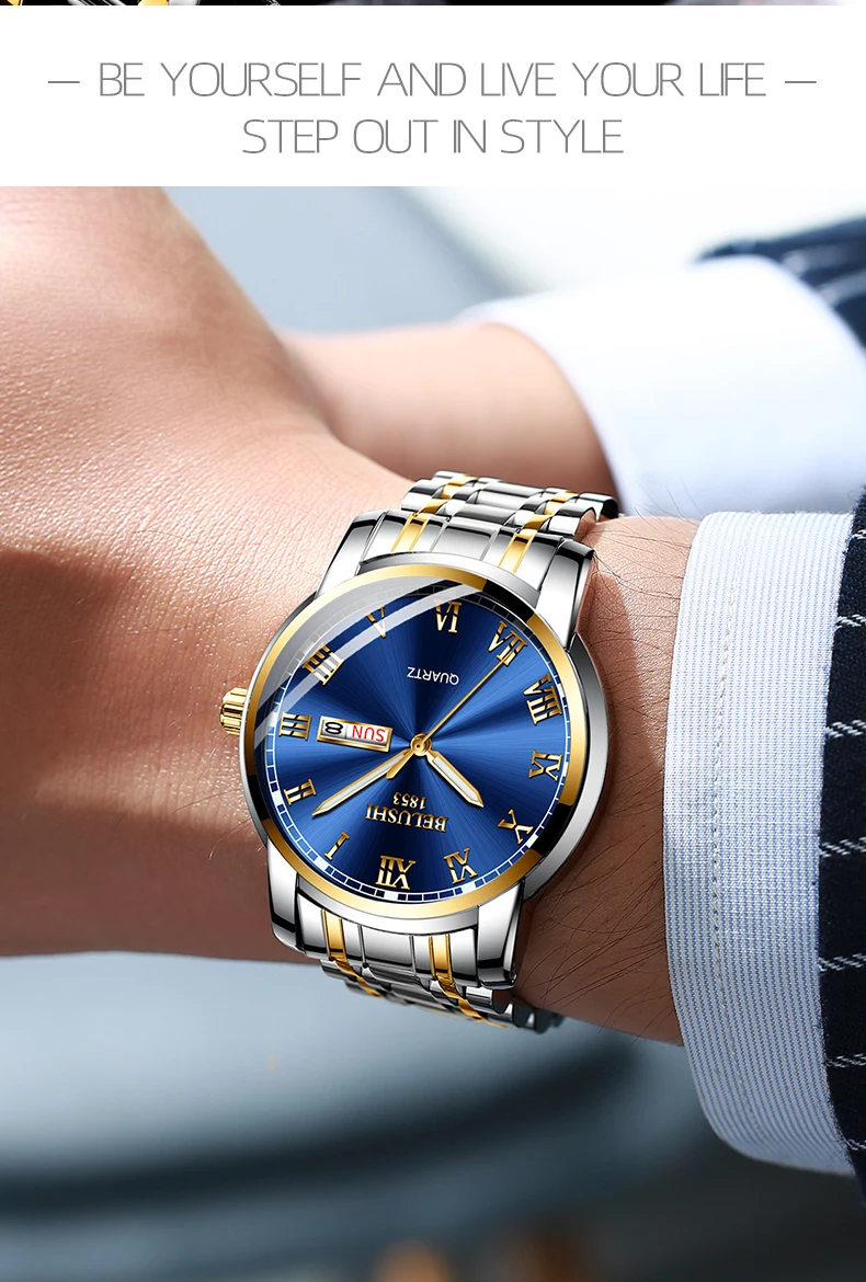 BELUSHI Top Brand Luxury Mens Watches Luminous Waterproof Stainless Steel Watch Quartz Men Date Calendar Business Wristwatch
