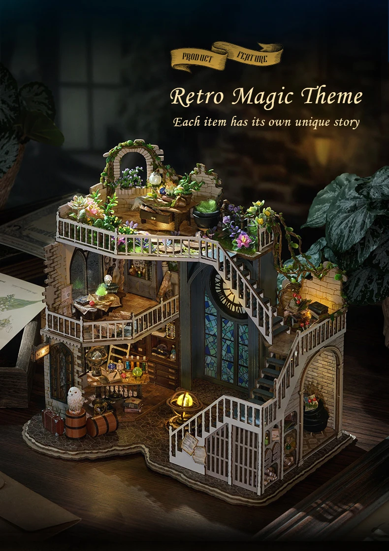 CUTEBEE DIY Wooden Dollhouse Magic Cathedral Miniature Doll House Kit with Furniture Roombox Magic Academy Toy for Birthday Gift