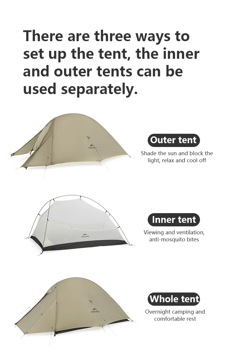 Naturehike Cloud Up 2 People Tent Ultralight 20D Camping Tent Waterproof Outdoor Hiking Travel Backpacking Cycling Fishing Tents
