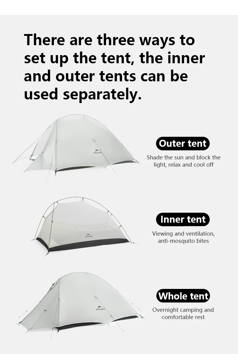 Naturehike Cloud Up 2 People Tent Ultralight 20D Camping Tent Waterproof Outdoor Hiking Travel Backpacking Cycling Fishing Tents