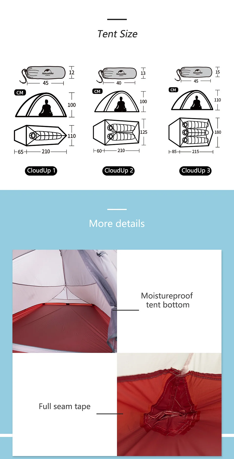Naturehike Cloud Up 2 People Tent Ultralight 20D Camping Tent Waterproof Outdoor Hiking Travel Backpacking Cycling Fishing Tents