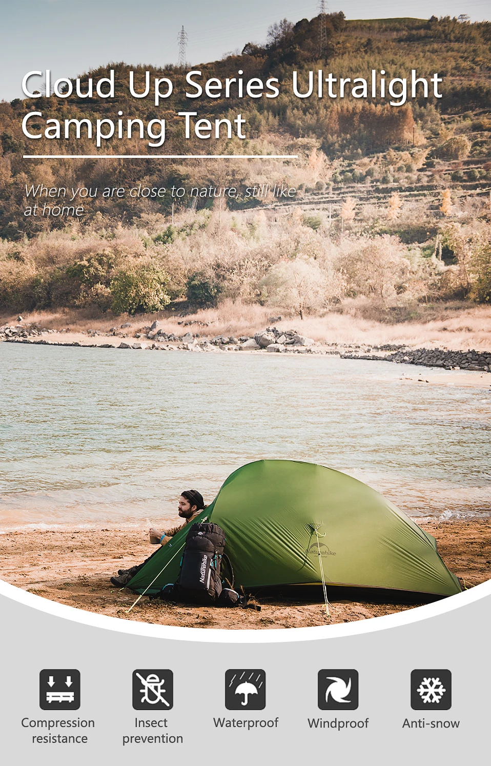 Naturehike Cloud Up 2 People Tent Ultralight 20D Camping Tent Waterproof Outdoor Hiking Travel Backpacking Cycling Fishing Tents