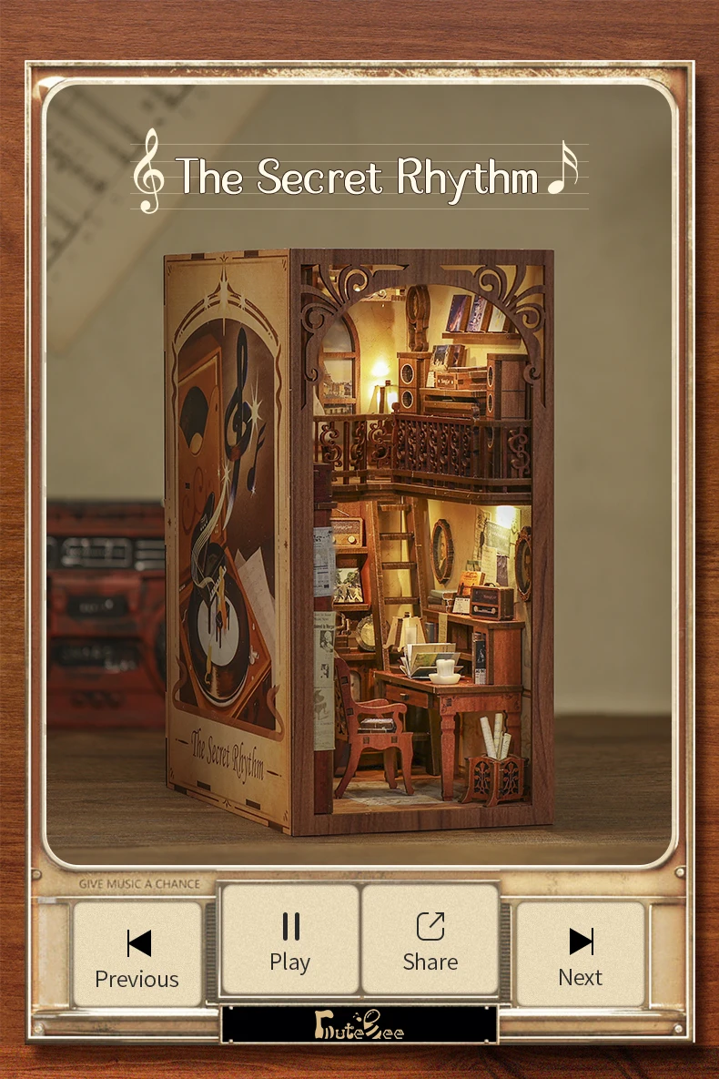 CUTEBEE Puzzle 3D DIY Book Nook Kit Wooden Bookend with Touch Light Secret Rhythm Music Booknook Building Decoration Model Gift