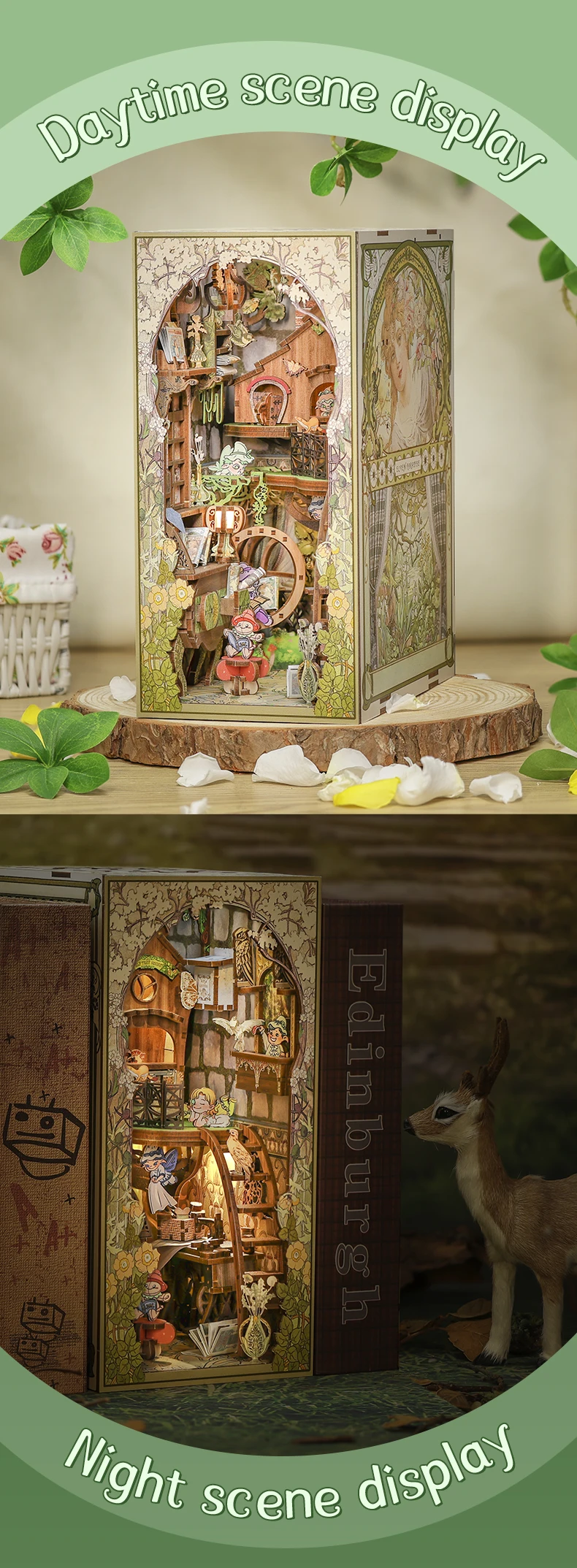 CUTEBEE Puzzle 3D DIY Book Nook Kit Wooden Bookend with Touch Light Secret Rhythm Music Booknook Building Decoration Model Gift