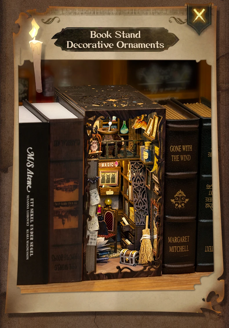 CUTEBEE Puzzle 3D DIY Book Nook Kit Wooden Bookend with Touch Light Secret Rhythm Music Booknook Building Decoration Model Gift